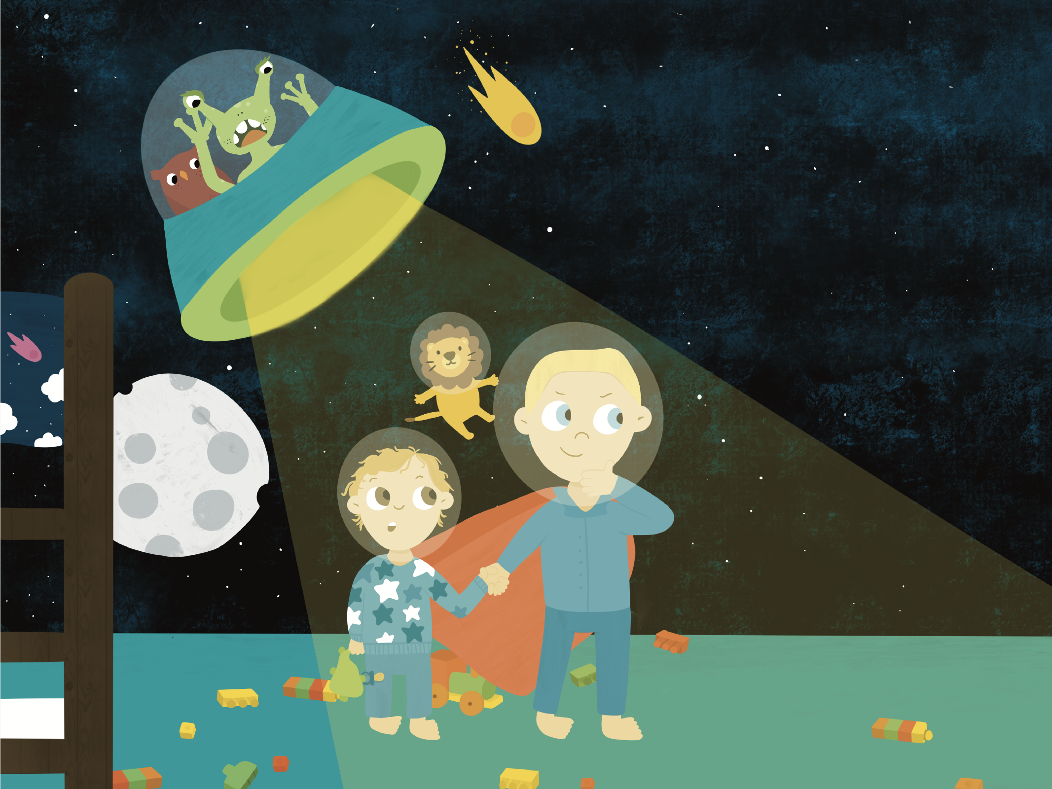 Children's book illustration: Two boys in bedroom transform into a galaxy with a UFO alien and owl.