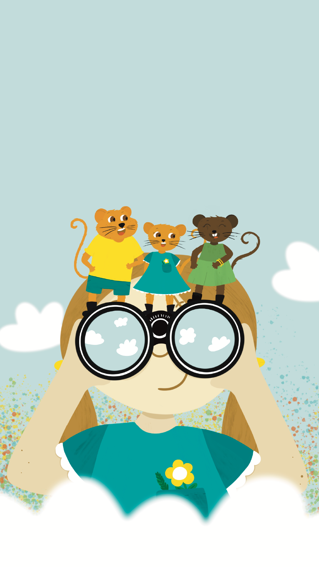 Character from 'Amelia's Magic Staircase' holding binoculars with three mice, under a blue sky with clouds.