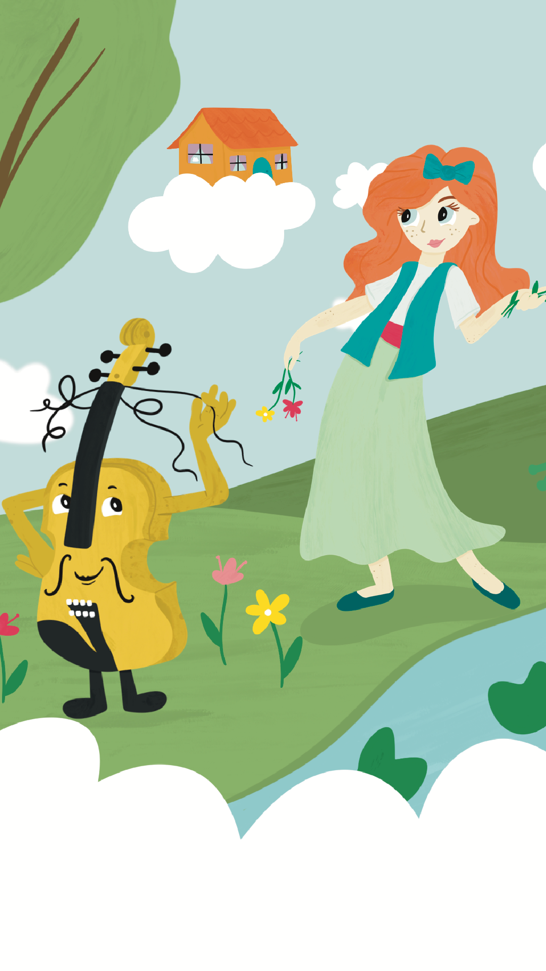 Children's book illustration of Fannie Sinclair with orange hair and a smiling animated fiddle in a peculiar, happy world.