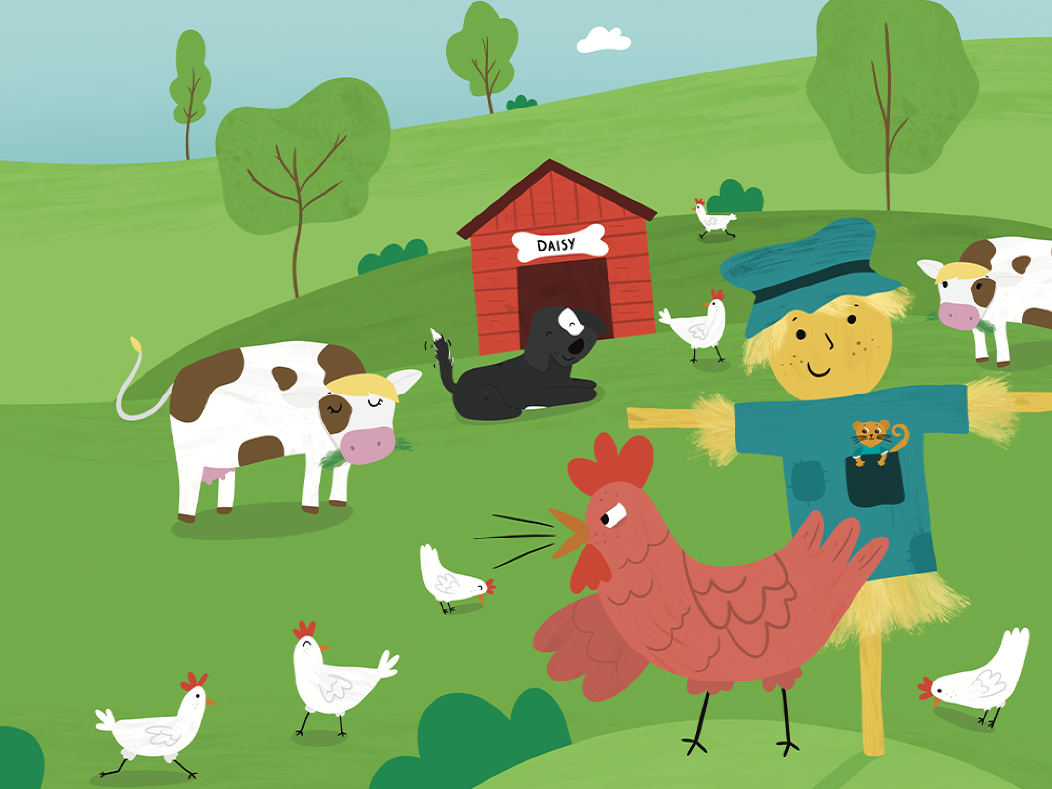 Children's book illustration of an angry rooster, chilled chickens, dog, cows, happy hills, and scarecrow with a mouse