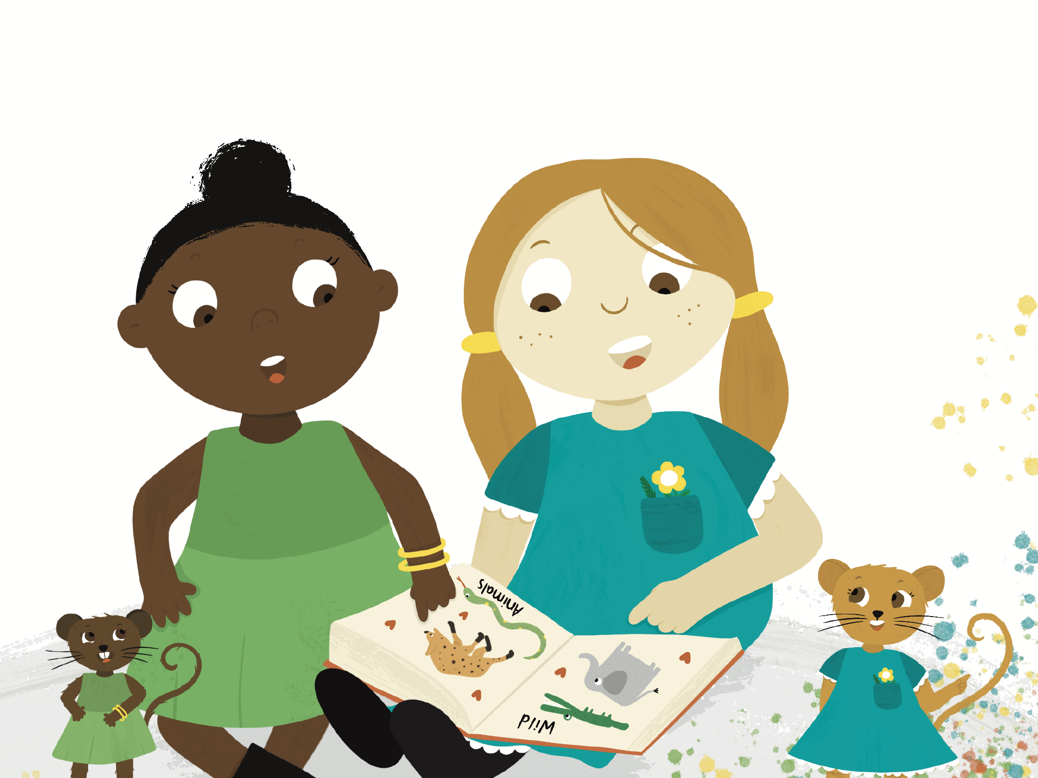Children's book illustration of two girls and their mini-mice looking at a book showing an elephant and crocodile.