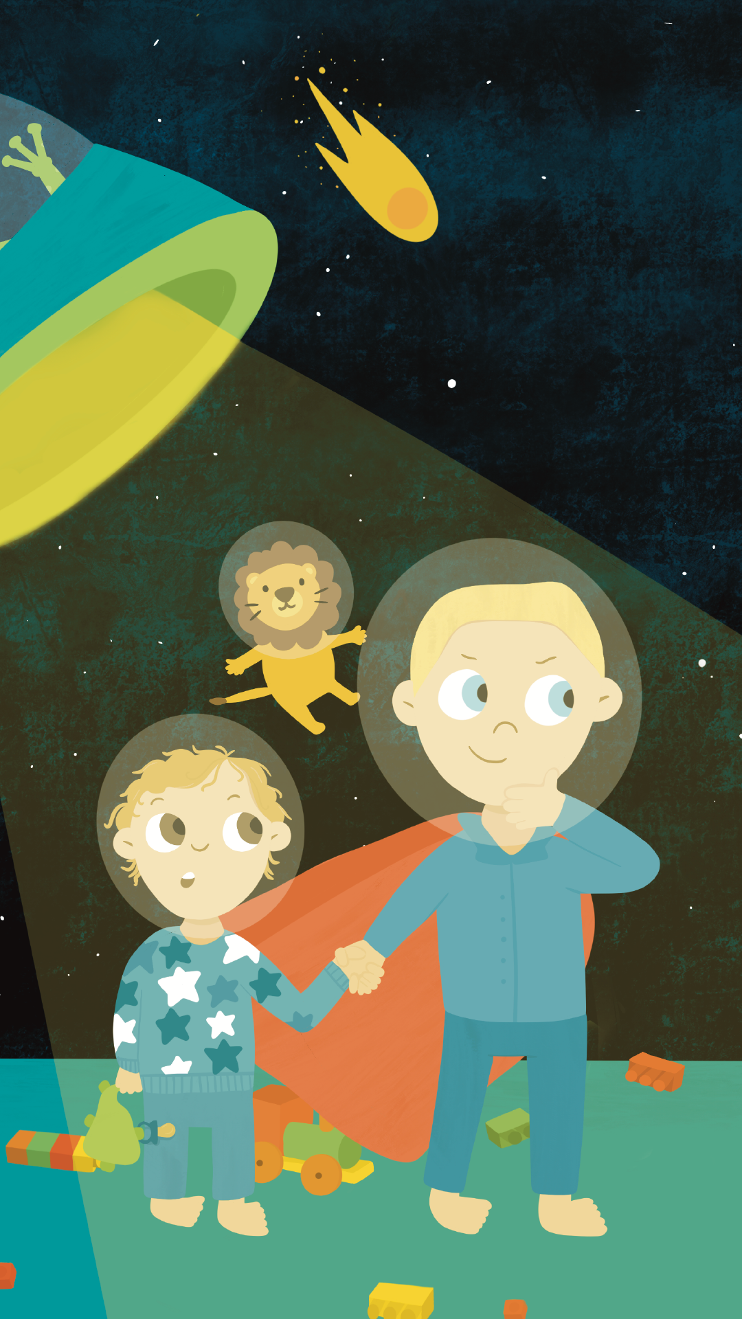 Children's book page from 'The Noisy Nights' with two boys in their bedroom, transitioning to a space scene with a UFO.