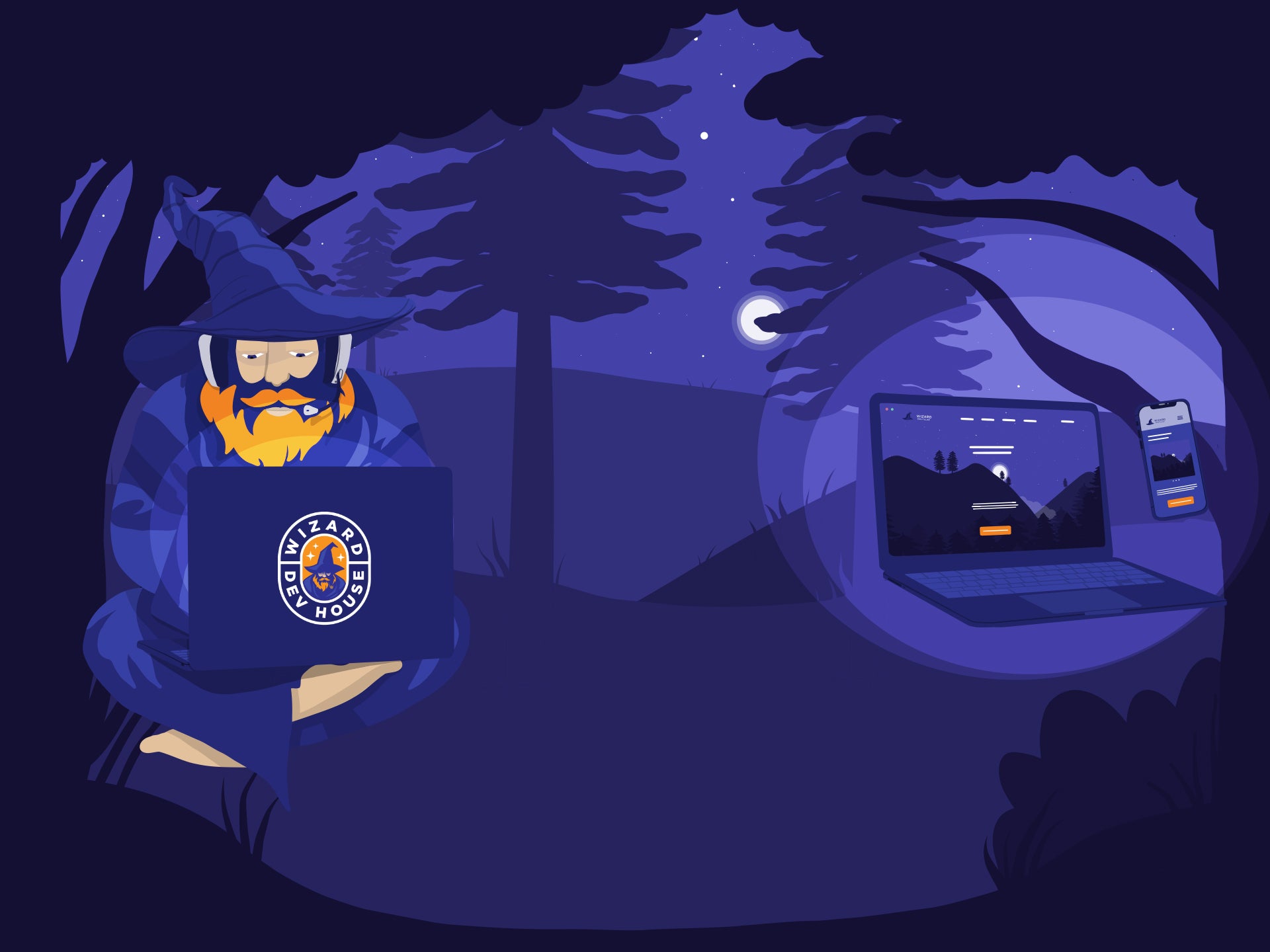 Vector illustration of a person sitting outdoors at night using a laptop with a visible brand logo.