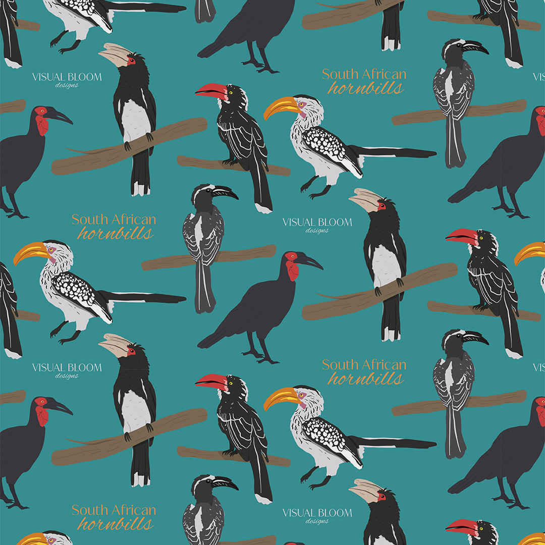 Illustrated digital pattern featuring South African hornbills on a teal background.