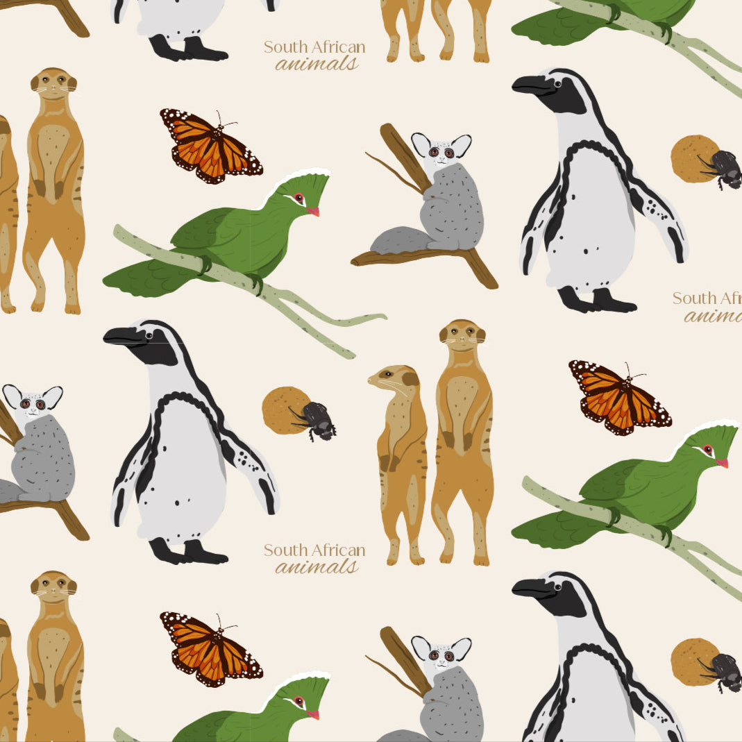 Illustrated digital pattern with South African animals: penguins, meerkats, bush baby, dung beetle, butterflies, and Hoopoe bird on beige.