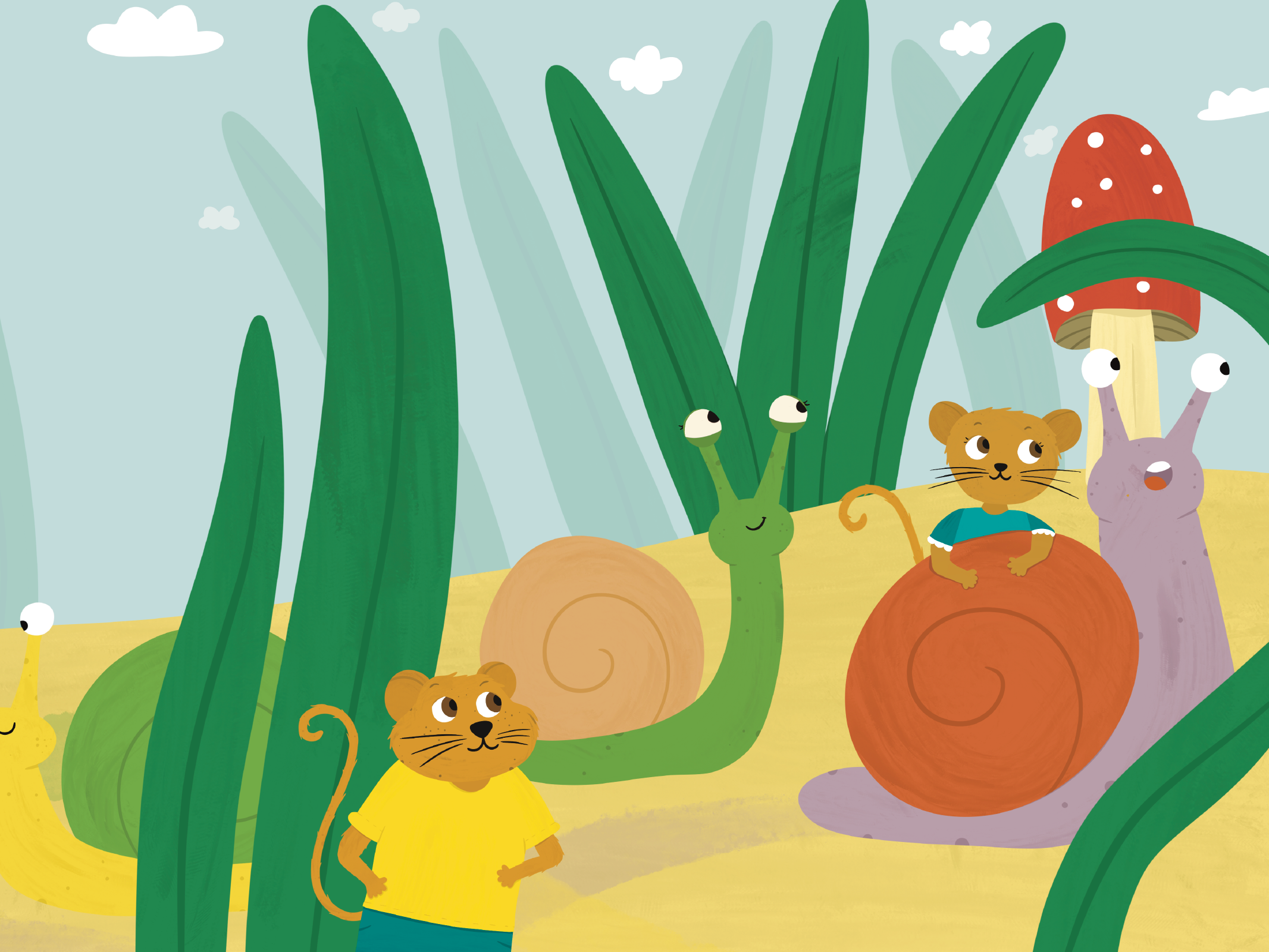 Illustrated scene with snails and mice moving right through tall grass and whimsical mushrooms.