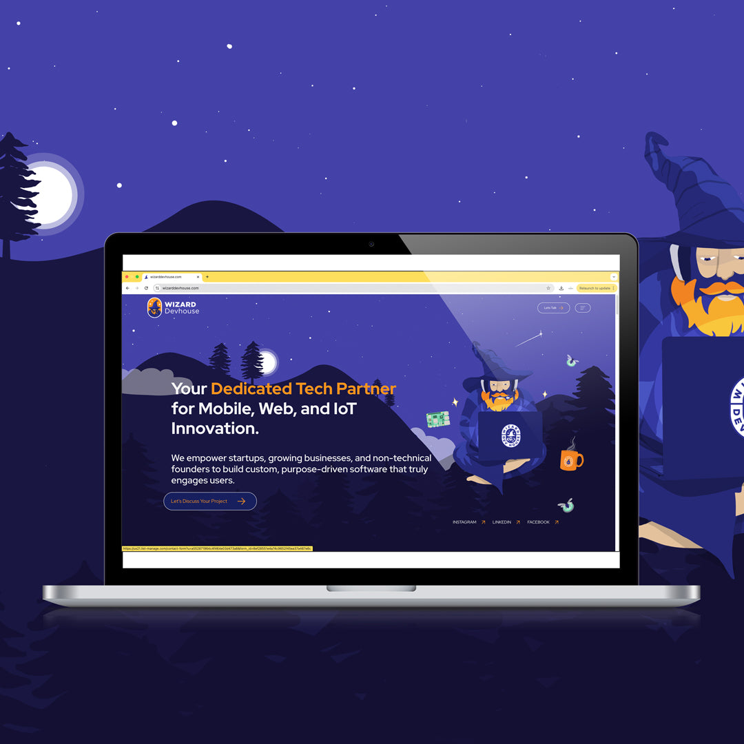 Laptop showing Wizard Dev House website, featuring a custom vector illustration of a wizard in a hoodie against a dark blue night scene, created by a Cape Town illustrator.