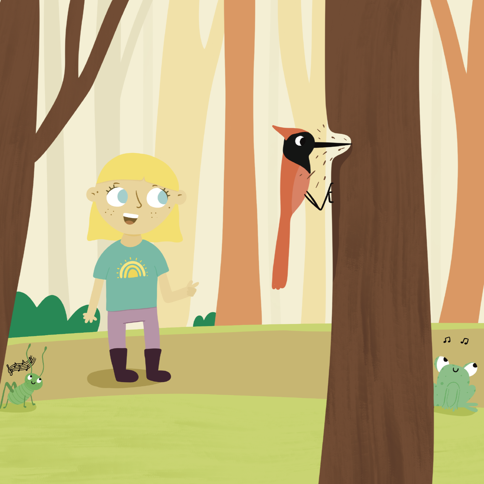 Children's book illustration: Little Yogi Tayla in a bright, happy forest with various animals.