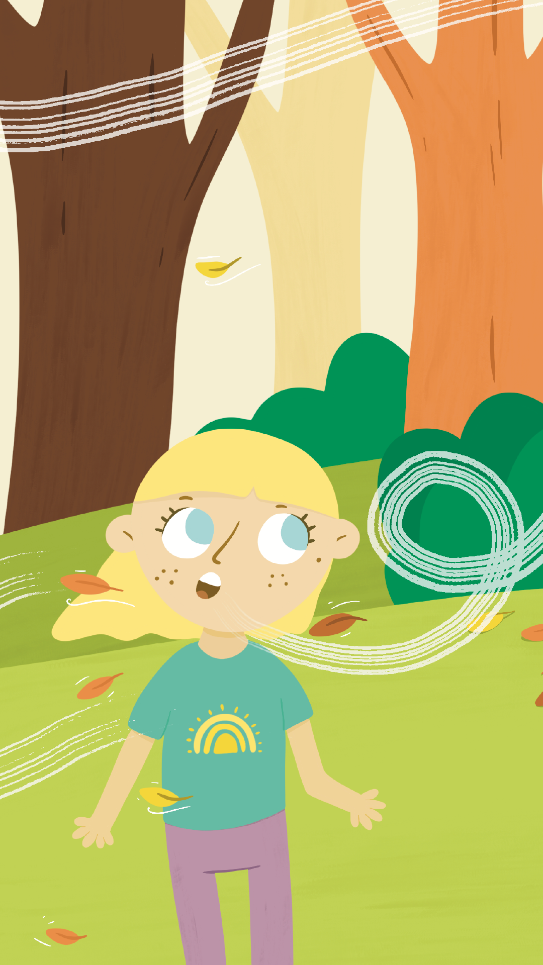 Children's book illustration from 'Little Yogi Tayla' showing a girl breathing, with wind and leaves blowing.