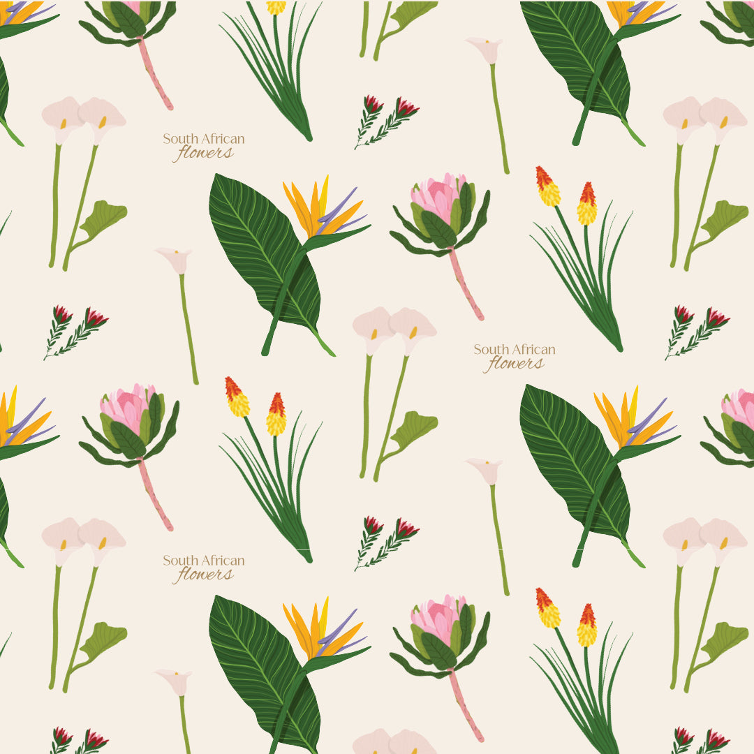 Pattern of South African flowers on a beige background
